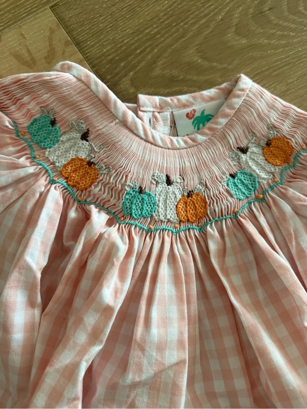 Shrimp and Grits smocked Pumpkin Fall Pink Gingham Romper